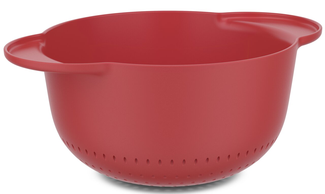 Roter Seiher aus Kunststoff mit seitlichen Griffen, seitliche Perspektive