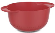 Roter Seiher aus Kunststoff mit seitlichen Griffen, seitliche Perspektive