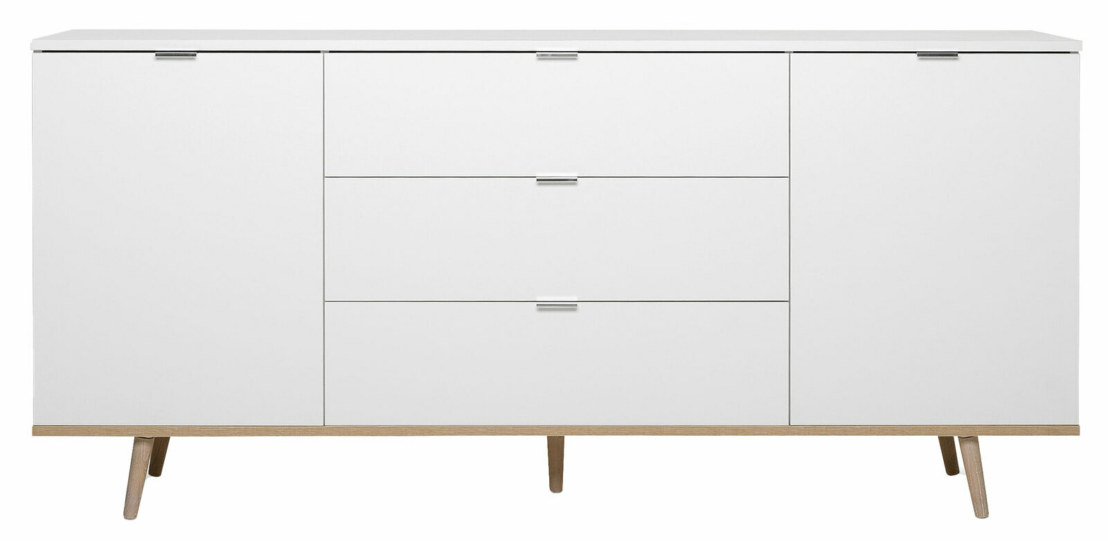 Weißes Sideboard mit zwei Türen und drei Schubladen, auf Holzbeinen, Frontalansicht.