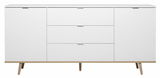 Weißes Sideboard mit zwei Türen und drei Schubladen, auf Holzbeinen, Frontalansicht.