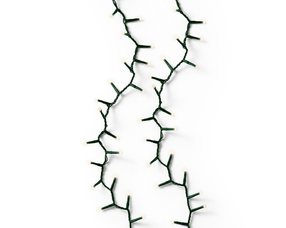 LED-Lichterkette mit grünem Kabel und warmweißen Lichtern, Draufsicht