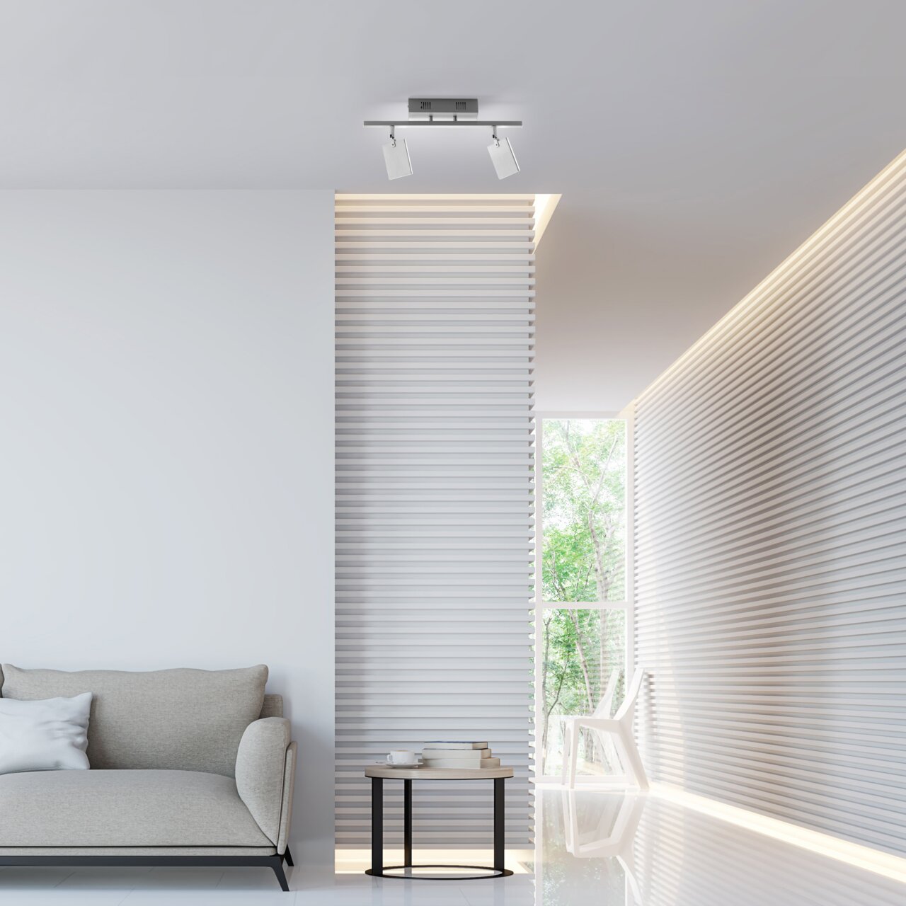 Moderne Deckenleuchte aus Aluminium, PURE, in einem stilvollen Wohnzimmer von unten betrachtet.