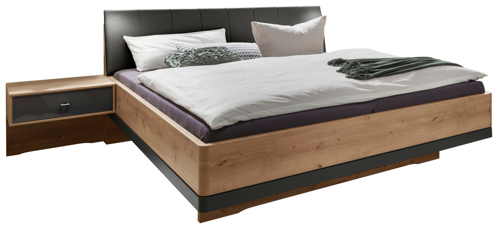 Futonbett aus Holz mit schwarzem Kopfteil und integriertem Nachttisch, seitliche Perspektive