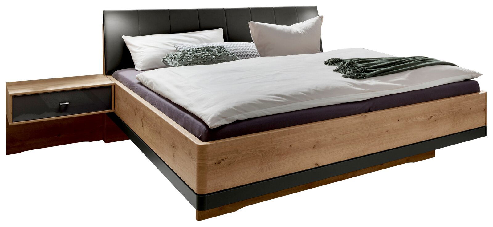 Futonbett aus Holz mit schwarzem Kopfteil und integriertem Nachttisch, seitliche Perspektive