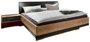 Houten futonbed met zwart hoofdeinde en ingebouwd nachtkastje, zijaanzicht