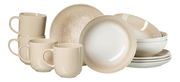 Frühstücksset 12-tlg. in Beige, bestehend aus Tassen, Tellern und Schalen, seitliche Perspektive
