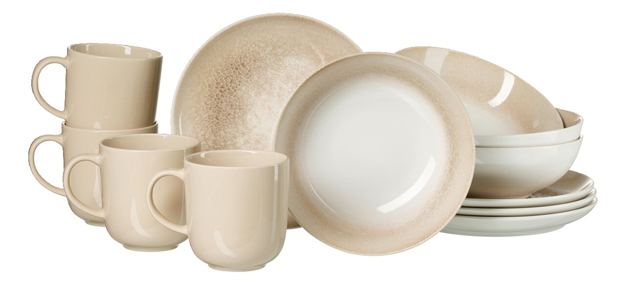 Frühstücksset 12-tlg. in Beige, bestehend aus Tassen, Tellern und Schalen, seitliche Perspektive
