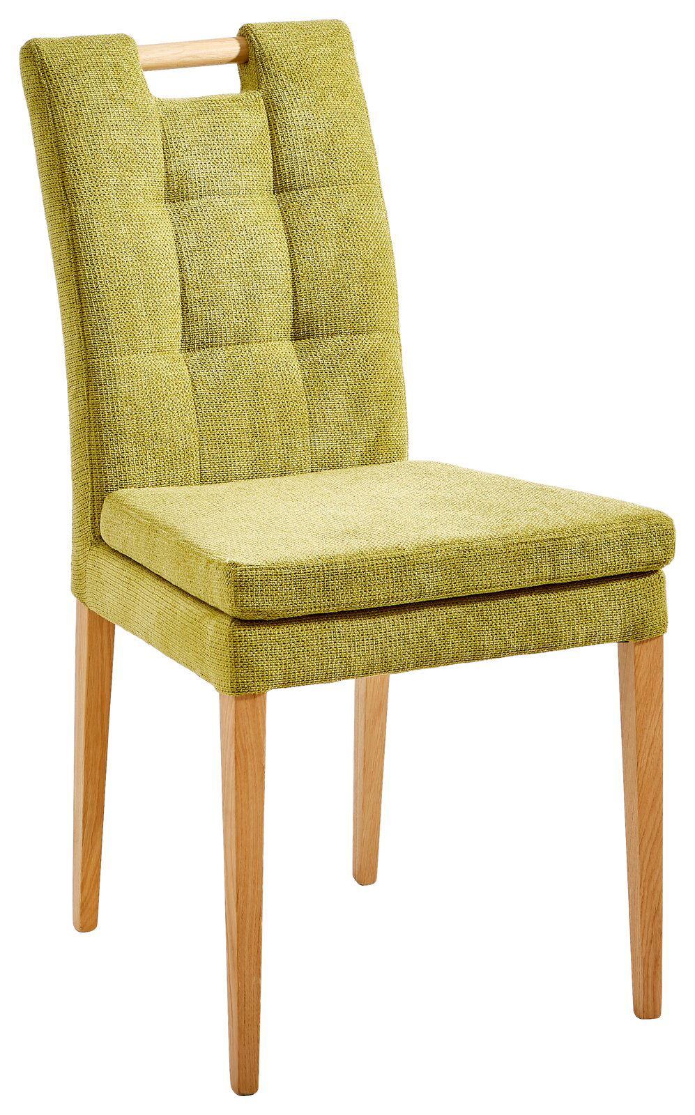 Grüner Stuhl mit gepolsterter Sitzfläche und Rückenlehne, Holzbeine, seitliche Perspektive