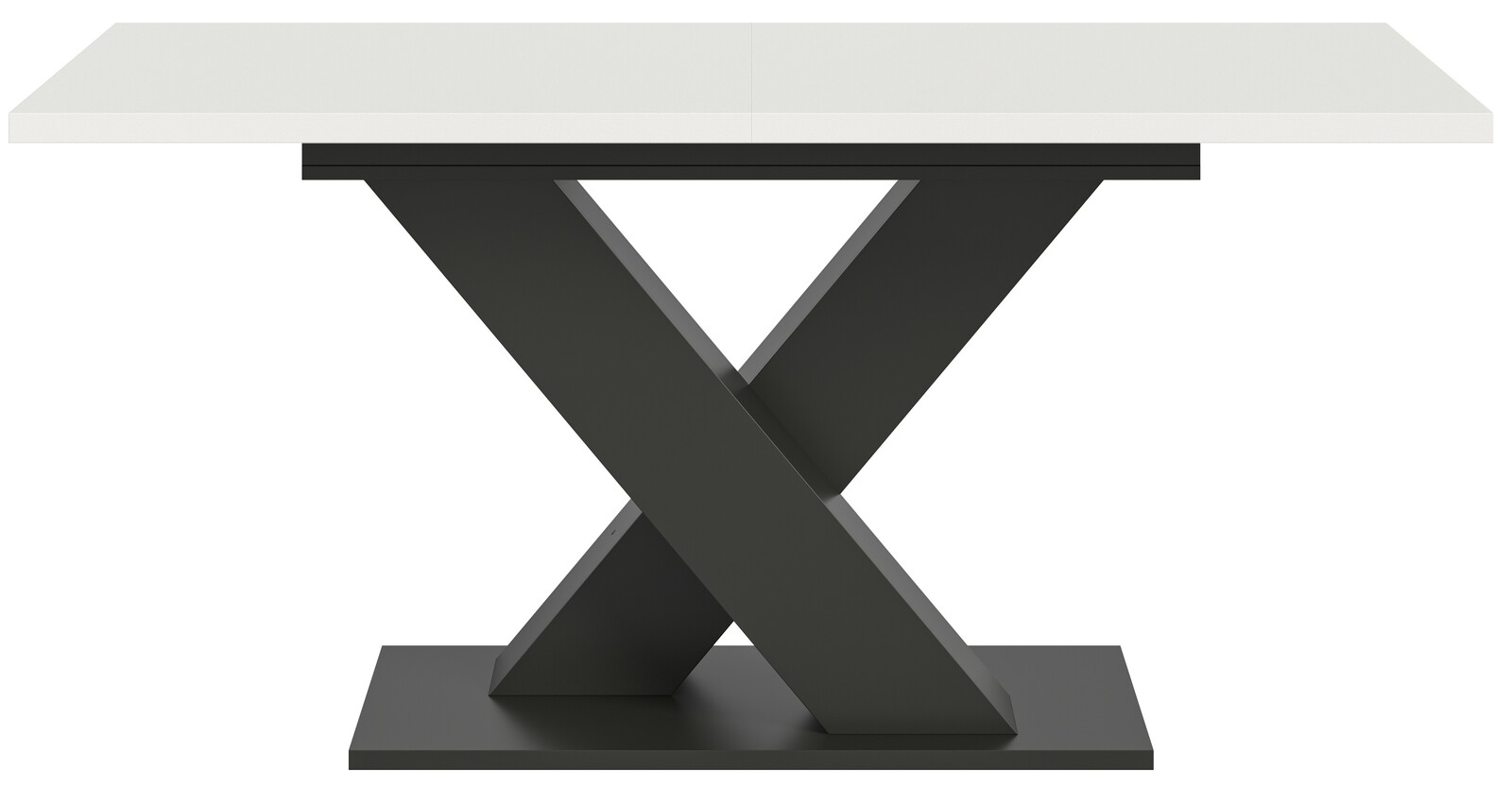 Moderner Esstisch mit weißer Tischplatte und schwarzem X-förmigem Gestell, Frontalansicht