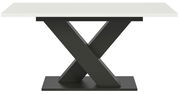 Moderner Esstisch mit weißer Tischplatte und schwarzem X-förmigem Gestell, Frontalansicht