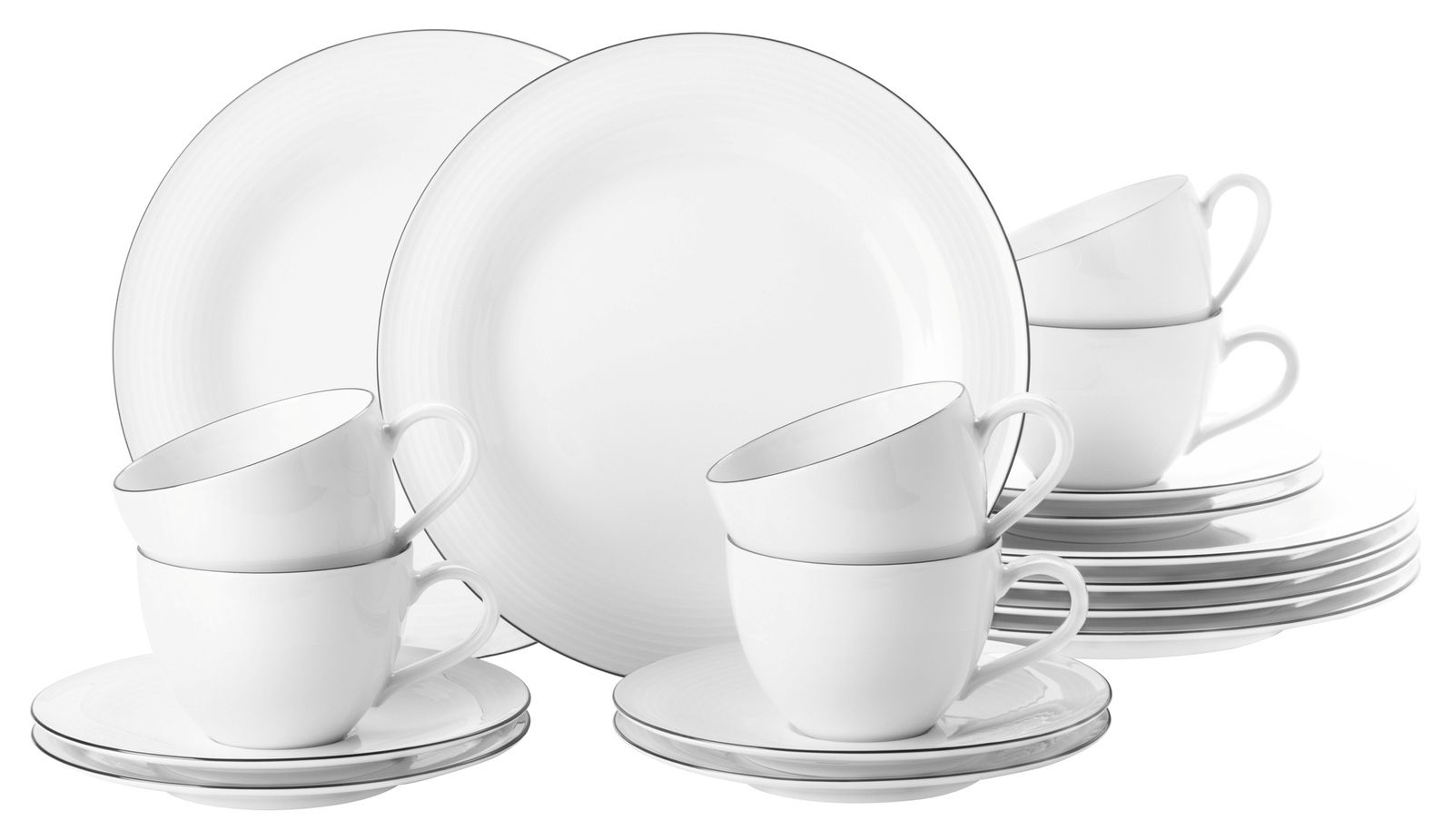 Elegantes 18-teiliges weißes Kaffeeservice mit Tassen, Untertassen und Tellern, seitliche Perspektive.