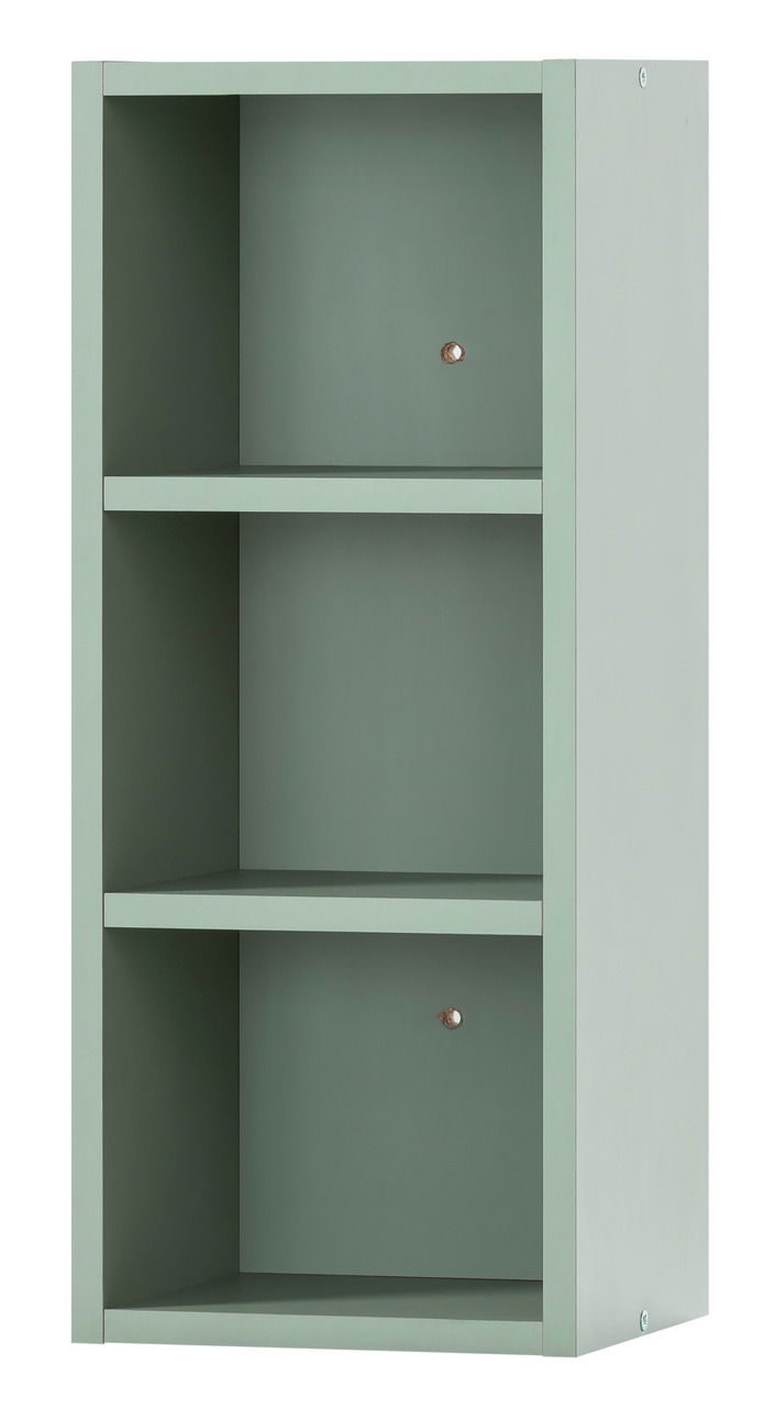 Graues Regal mit drei offenen Fächern, seitliche Perspektive