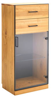 Vitrinenschrank aus Holz mit zwei Schubladen und einer Glastür, Perspektive von vorne rechts