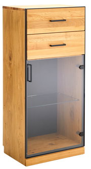 Vitrinenschrank aus Holz mit zwei Schubladen und einer Glastür, Perspektive von vorne rechts