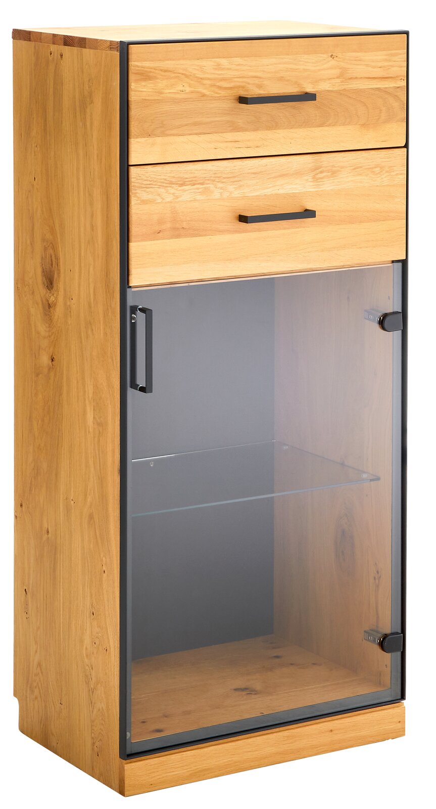 Vitrinenschrank aus Holz mit zwei Schubladen und einer Glastür, Perspektive von vorne rechts