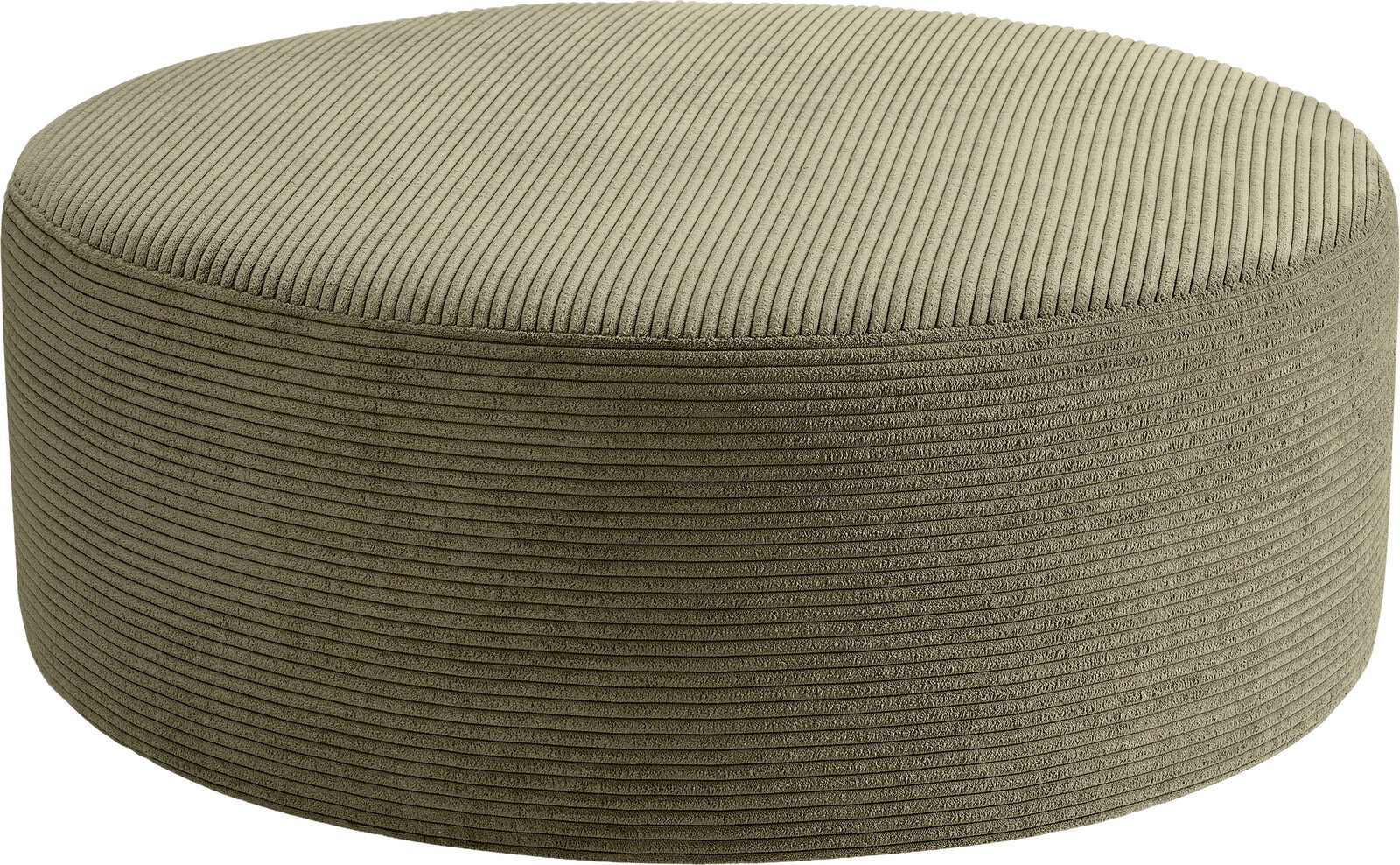 Runder Pouf/Hocker aus geripptem Cordstoff in Beige, freigestellt auf weißem Hintergrund, Ansicht schräg von oben (3/4-Perspektive)