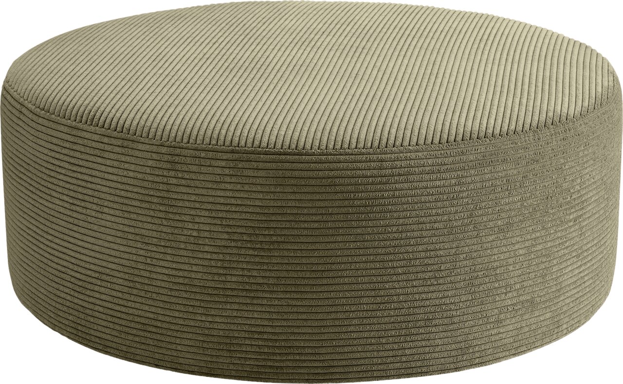 MID.YOU Hocker groß KOLO Runder Pouf/Hocker aus geripptem Cordstoff in Beige, freigestellt auf weißem Hintergrund, Ansicht schräg von oben (3/4-Perspektive)