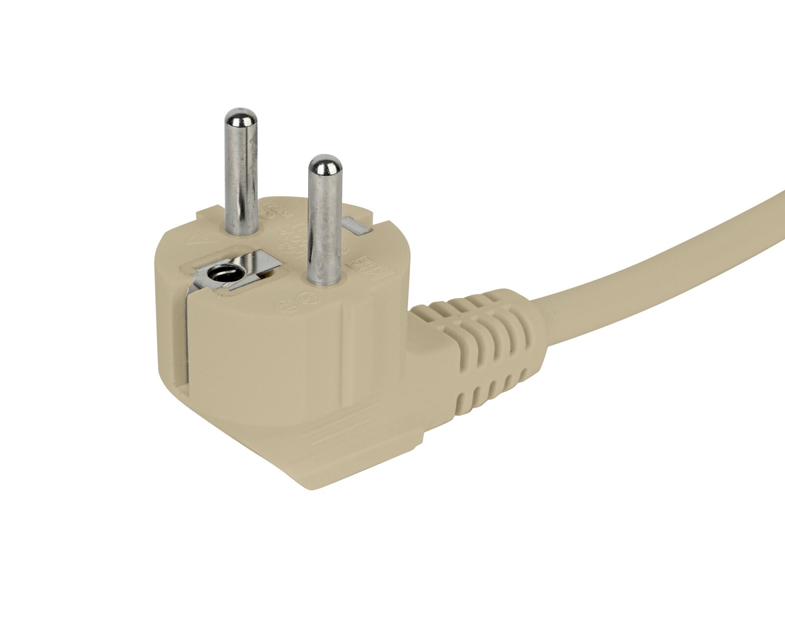 Nahaufnahme eines beigen Schuko-Steckers mit Kabel, seitliche Perspektive