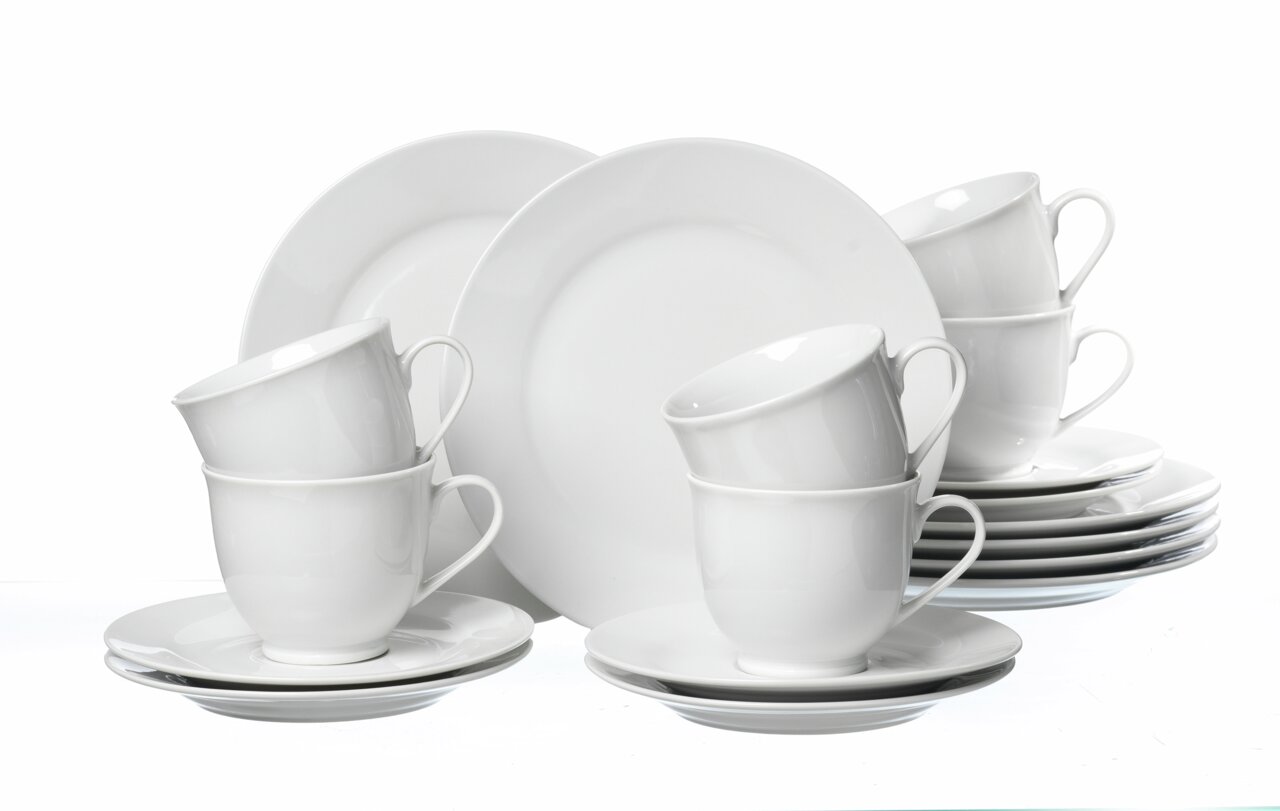 Weißes Kaffeeset Bianco, 18-teilig, bestehend aus Tassen, Untertassen und Tellern, frontal abgebildet.