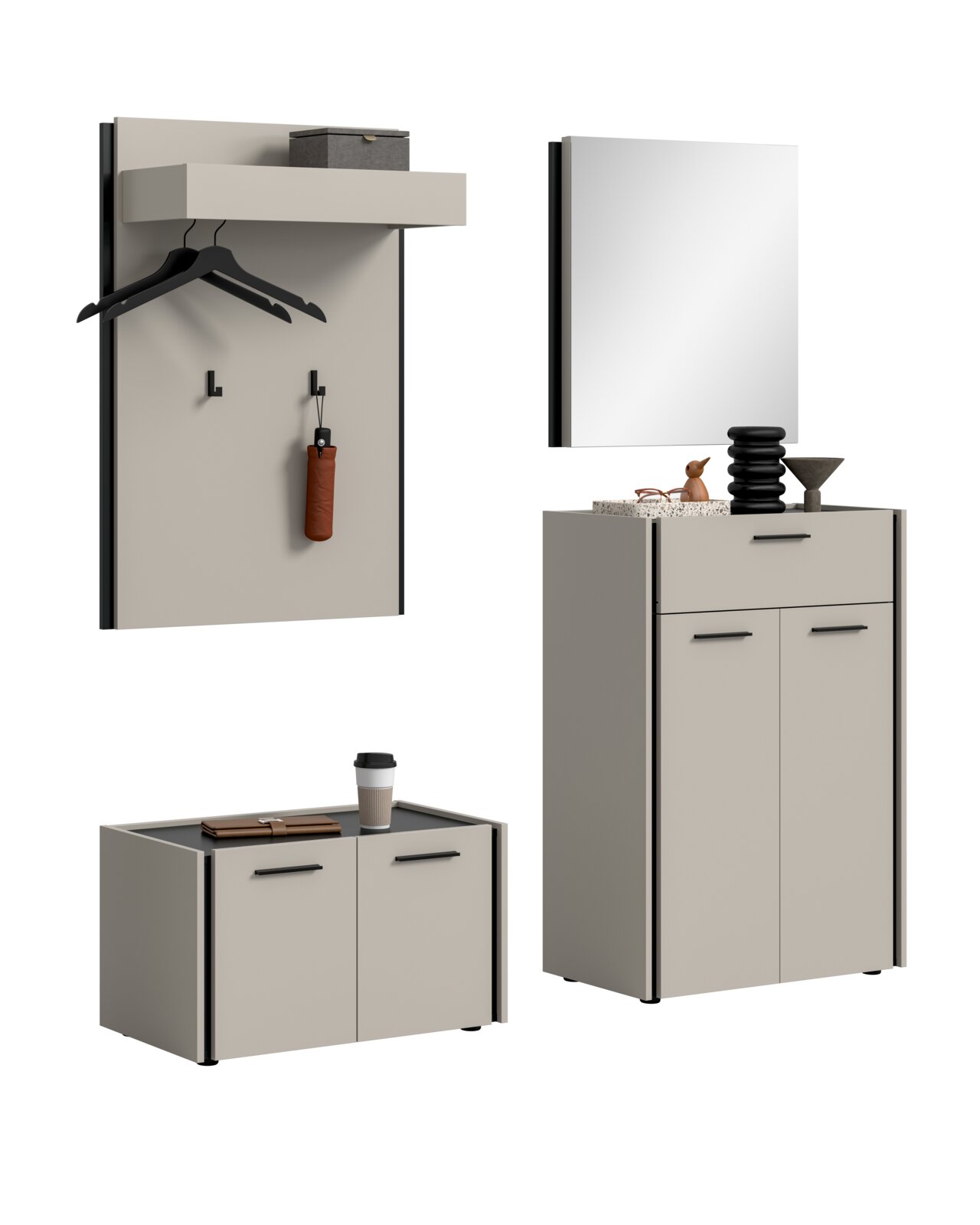 MID.YOU Garderobenkombination EMIL Modernes Garderoben-Set für den Flur in Greige mit schwarzen Akzenten: Wandpaneel mit Ablage, Kleiderhaken und Bügeln sowie Schuhschrank/Kommode mit Schublade und Türen, in Frontansicht leicht schräg von links dargestellt.
