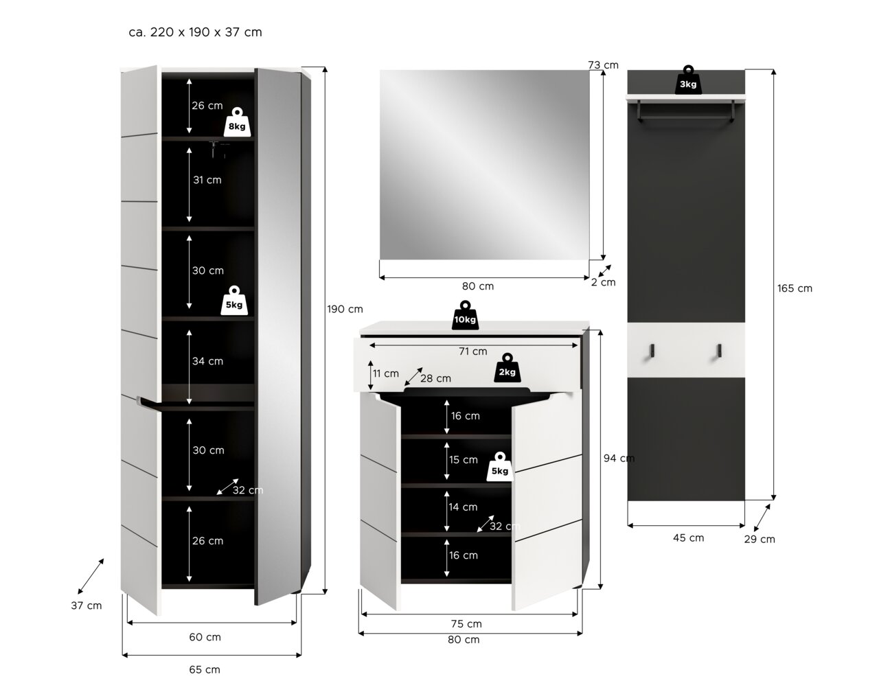 Badezimmermöbel-Set in Weiß/Anthrazit mit Hochschrank, Waschtischunterschrank, Spiegel und Garderobenpaneel; Frontansicht mit geöffneten Türen und Maßangaben