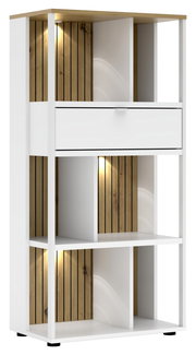 Modernes Büroregal mit weißem Rahmen, Holzelementen und integrierter Beleuchtung, Frontalansicht