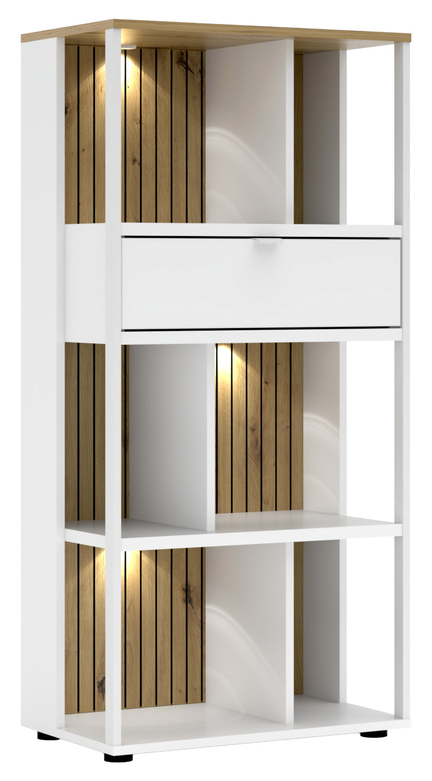 Modernes Büroregal mit weißem Rahmen, Holzelementen und integrierter Beleuchtung, Frontalansicht