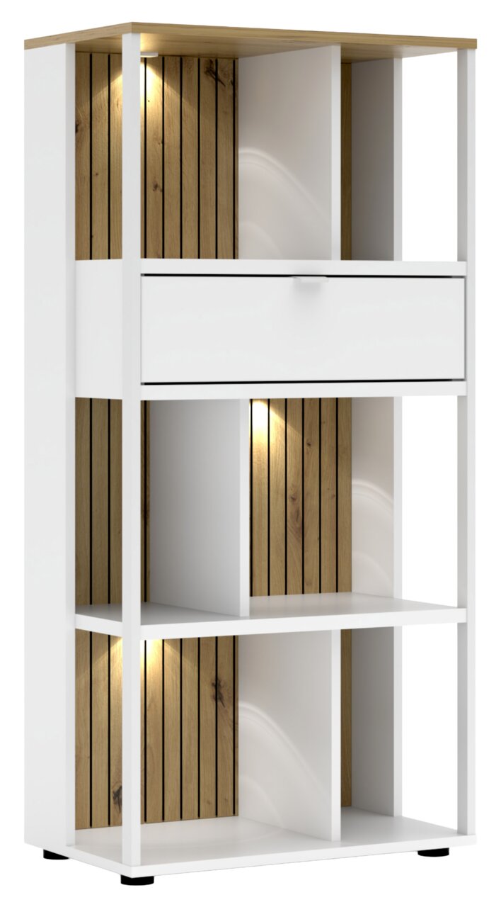 Voleo Aktenregal DIANA Modernes Büroregal mit weißem Rahmen, Holzelementen und integrierter Beleuchtung, Frontalansicht