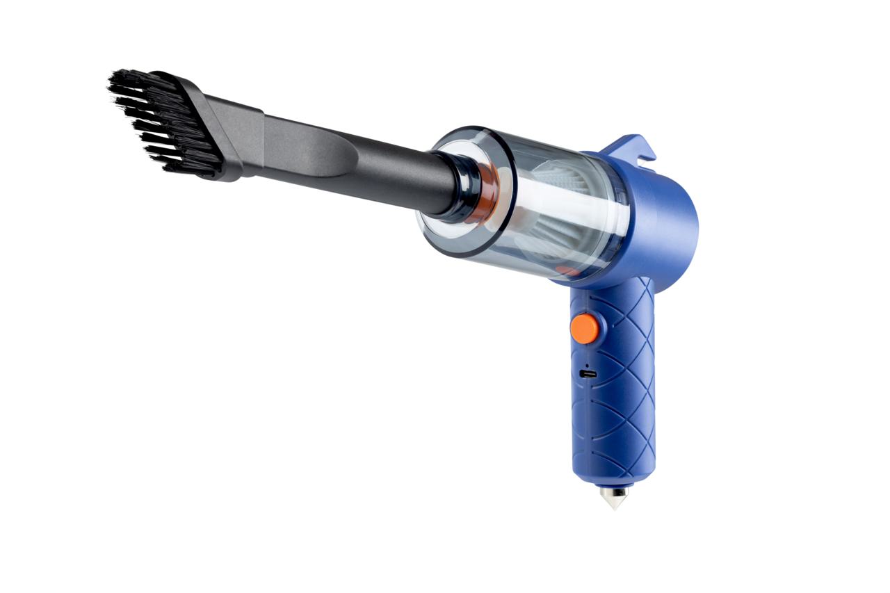 Blauer Handstaubsauger mit Bürstenaufsatz, seitliche Perspektive