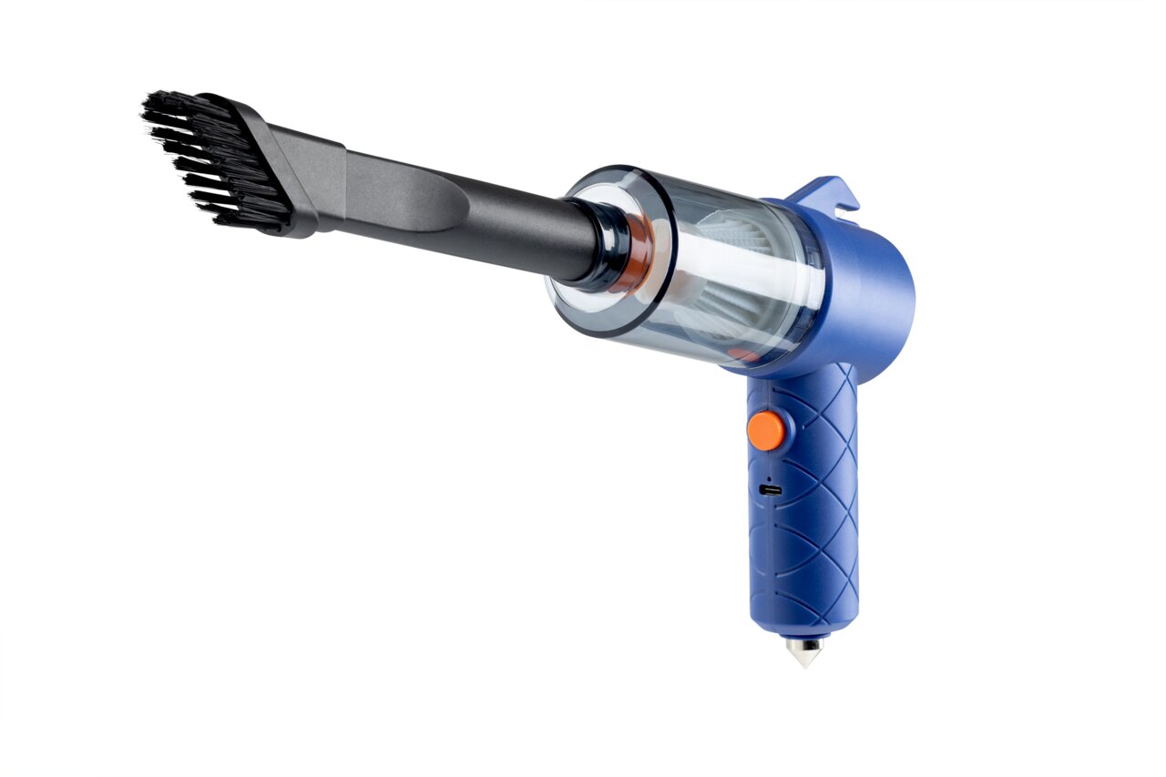 Blauer Handstaubsauger mit Bürstenaufsatz, seitliche Perspektive