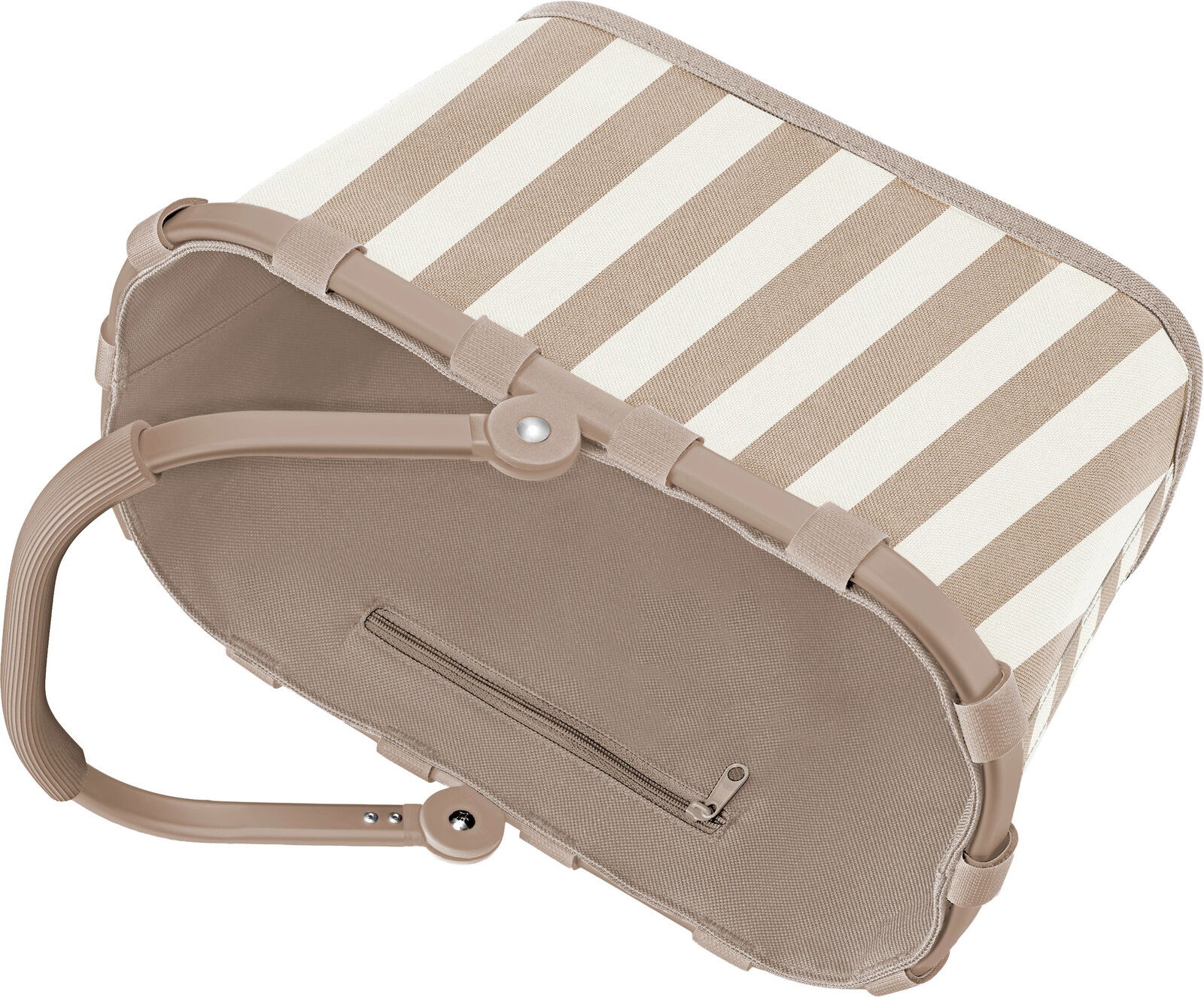 Beige-weiß gestreifte, faltbare Aufbewahrungsbox mit Reißverschlussfach und Tragegriff, schräg von oben in Seitenansicht fotografiert.