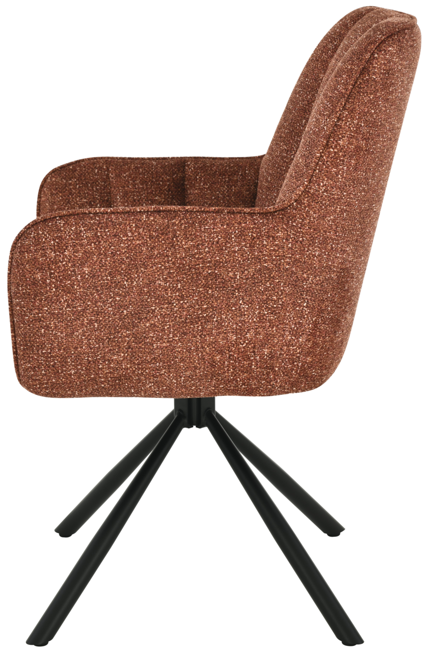 Seitenansicht eines braunen Armlehnstuhls mit schwarzem Metallgestell