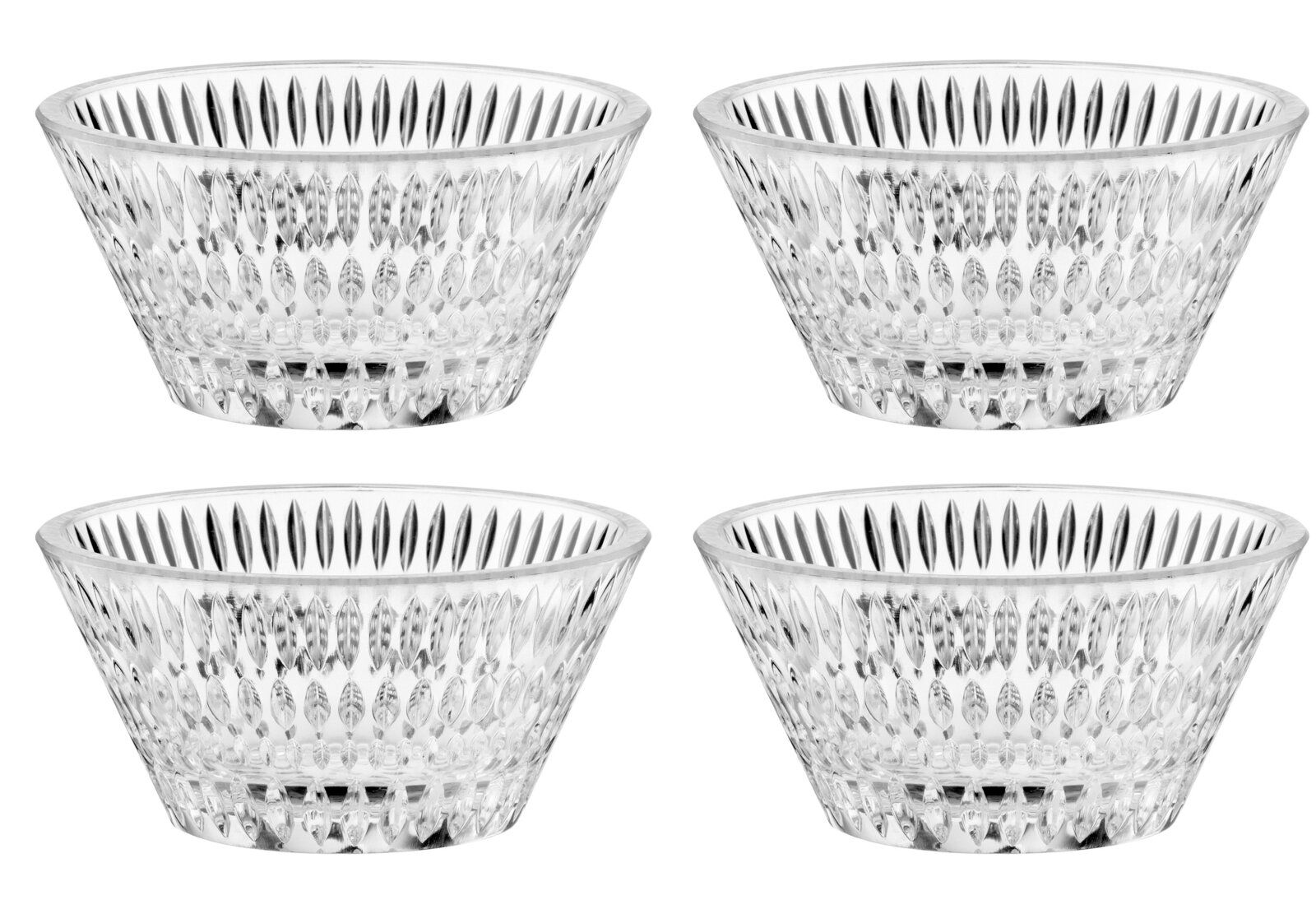Nachtmann Set van 4 schalen ETHNO Vier doorzichtige dessertschaaltjes van glas/kristal met een gefacetteerd ruitpatroon, vrijstaand op een witte achtergrond, in een licht schuin perspectief van bovenaf.