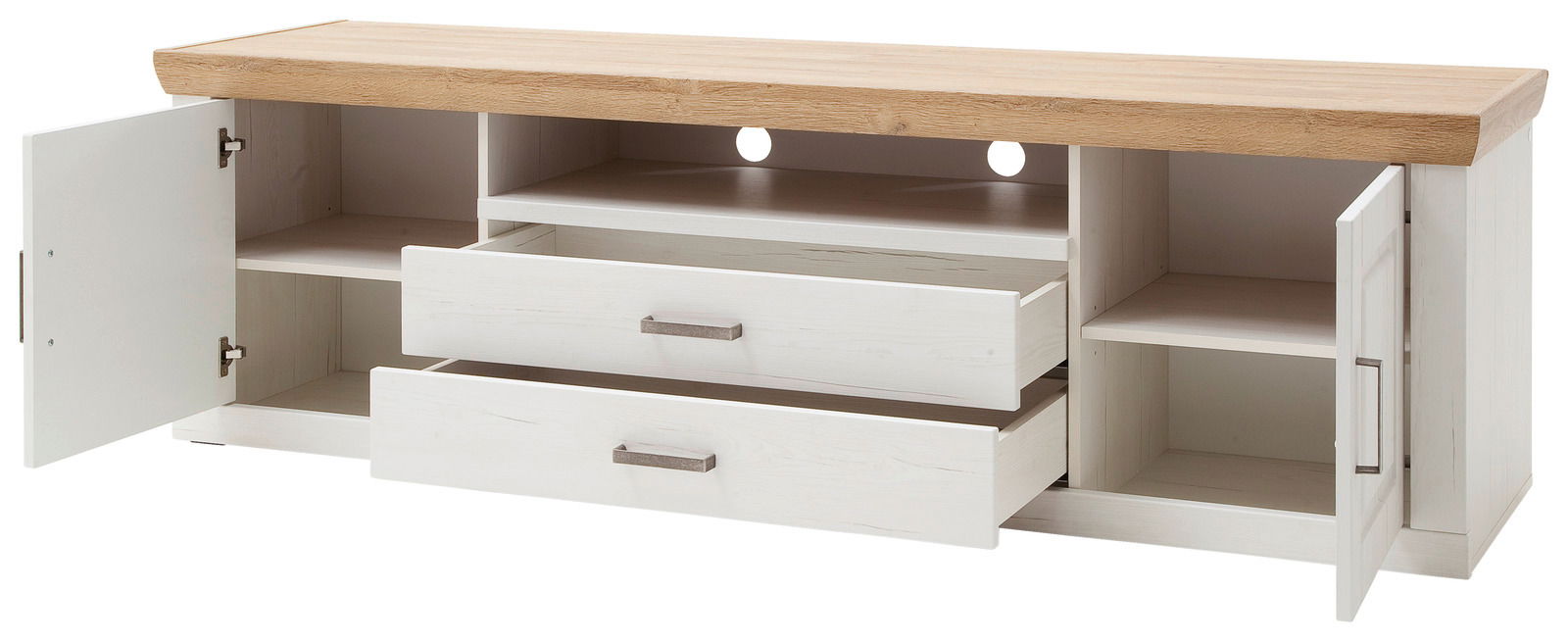 TV-Lowboard aus Holz mit zwei offenen Schubladen und zwei offenen Türen, Ansicht von vorne