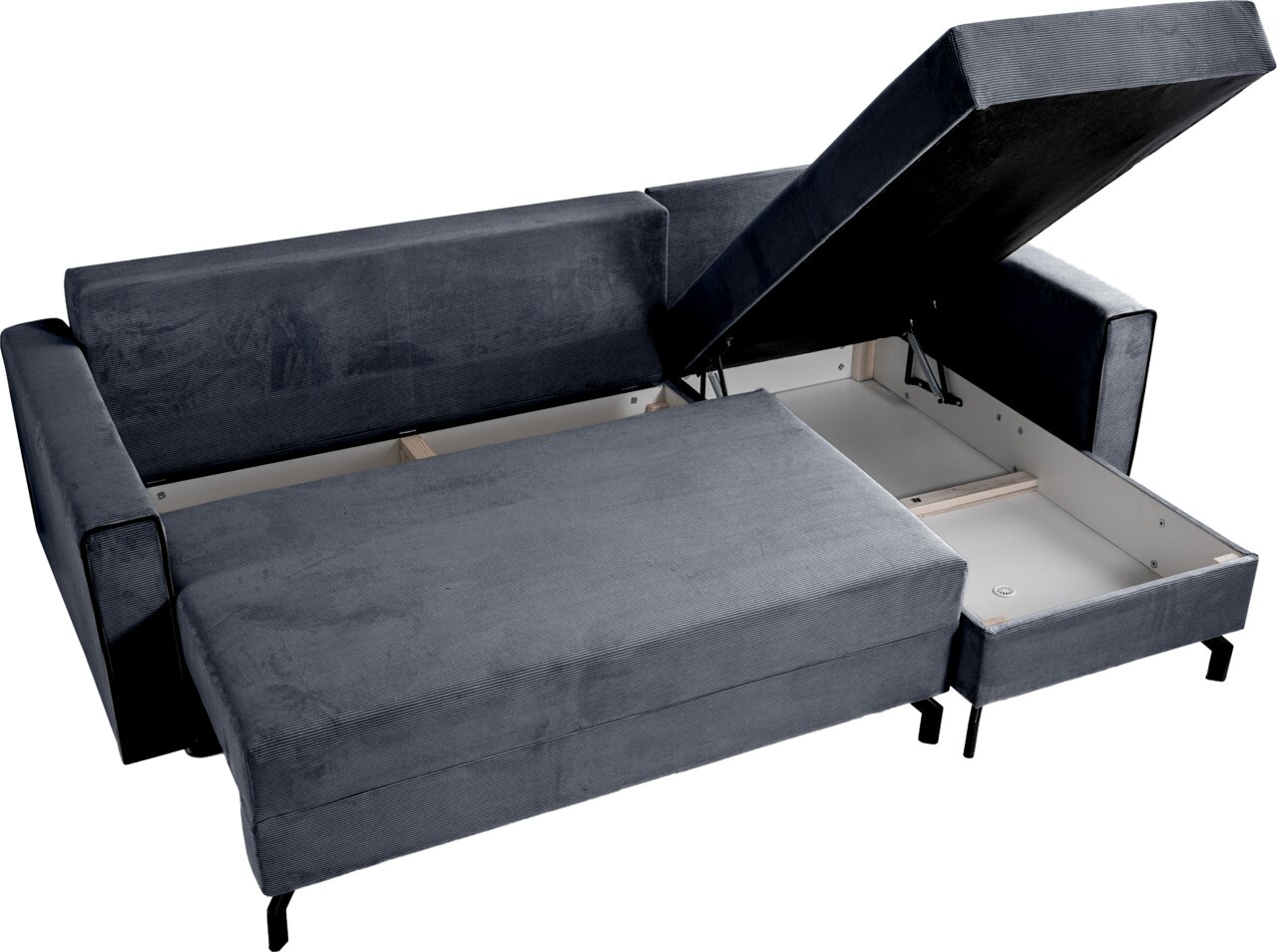 Graues Schlafsofa in L-Form mit geöffneter Stauraumfunktion, Perspektive von oben.