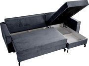 Graues Schlafsofa in L-Form mit geöffneter Stauraumfunktion, Perspektive von oben.