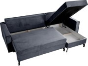 Graues Schlafsofa in L-Form mit geöffneter Stauraumfunktion, Perspektive von oben.