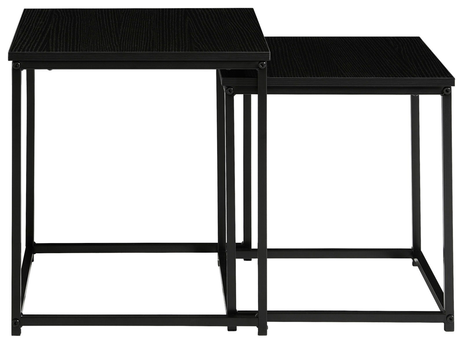 Zwei schwarze Beistelltische aus Metall mit quadratischen Tischplatten, frontal betrachtet.