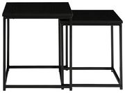 Zwei schwarze Beistelltische aus Metall mit quadratischen Tischplatten, frontal betrachtet.