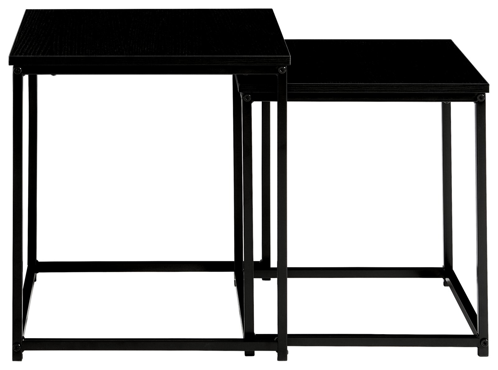 Zwei schwarze Beistelltische aus Metall mit quadratischen Tischplatten, frontal betrachtet.