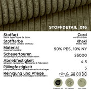 Nahaufnahme eines khakifarbenen Cordstoffs mit Rippenstruktur; Perspektive: Detail-/Makroansicht von oben, mit eingeblendeten Material- und Pflegeangaben (90% PES, 10% NY, 35.000 Scheuertouren, OEKO-TEX Standard 100, pet friendly, easy clean).