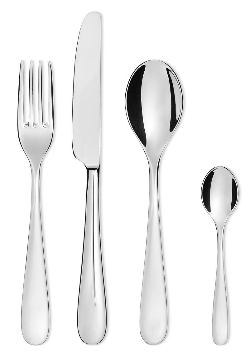 Set aus Edelstahlbesteck bestehend aus Gabel, Messer, Esslöffel und Teelöffel, von oben betrachtet.