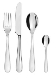 Set aus Edelstahlbesteck bestehend aus Gabel, Messer, Esslöffel und Teelöffel, von oben betrachtet.