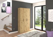 Garderobenkombination aus Holz in einem modernen Wohnzimmer, seitliche Perspektive