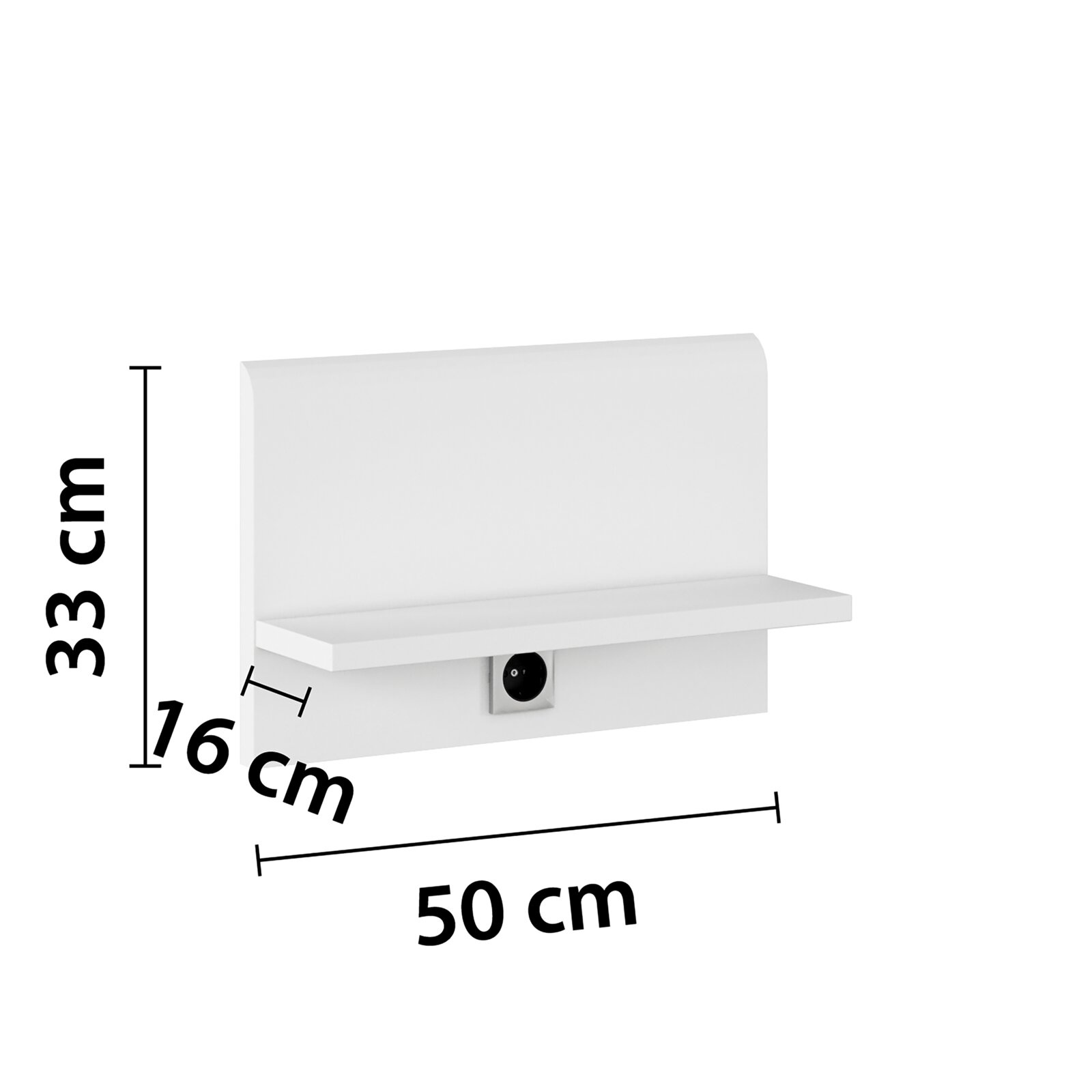 Wit nachtkastje met stopcontact, afmetingen: 50 cm breed, 33 cm hoog, 16 cm diep, zijaanzicht