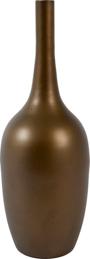 Hoge decoratieve vaas in bronskleur met een afgeronde buik en lange, smalle hals, recht van voren afgebeeld