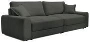 Großes, modernes Big-Sofa in dunklem Stoff mit geripptem Design, seitliche Perspektive