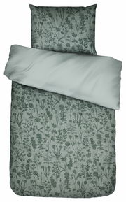 Bettwäsche-Set in 155x220cm mit floralem Muster in Grün, aus der Vogelperspektive fotografiert.
