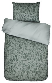 Bettwäsche-Set in 155x220cm mit floralem Muster in Grün, aus der Vogelperspektive fotografiert.