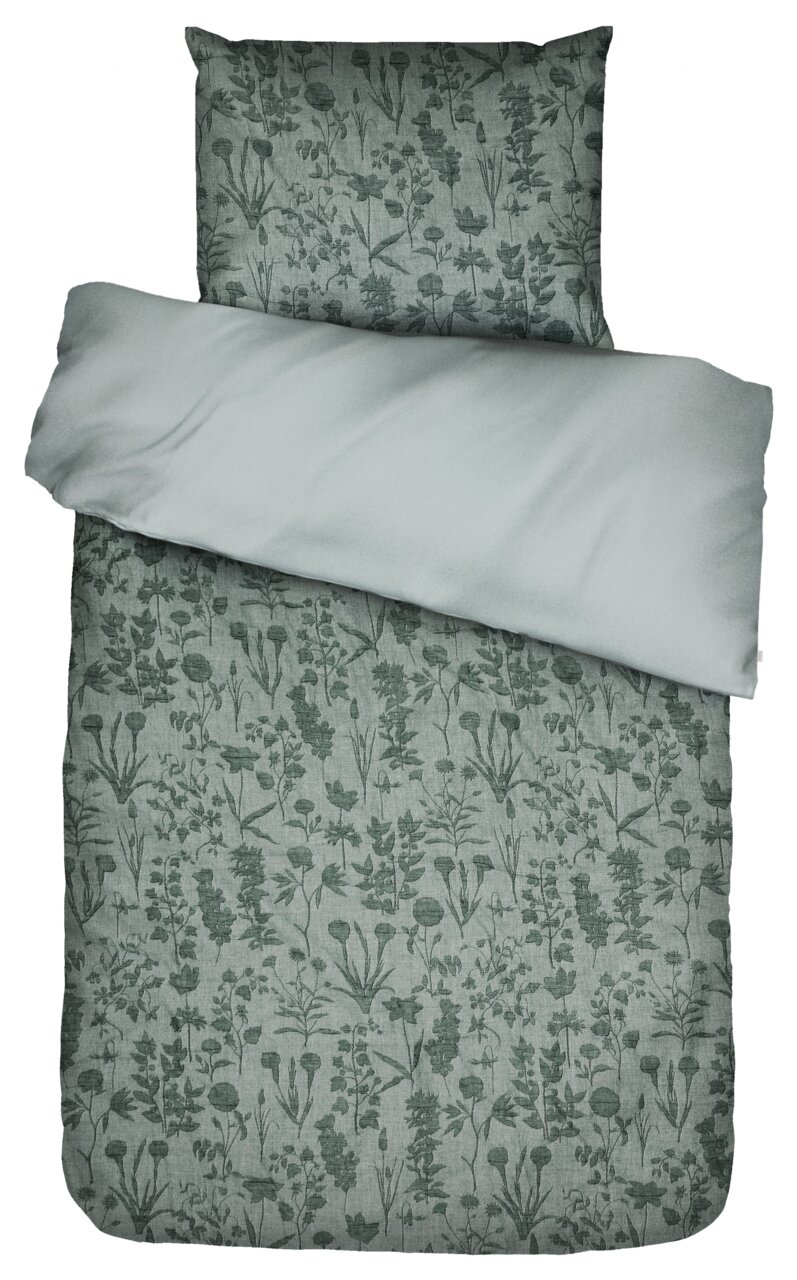 Bettwäsche-Set in 155x220cm mit floralem Muster in Grün, aus der Vogelperspektive fotografiert.
